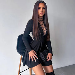 Bandage A-Line Lace Up Long Sleeve Mini Dress InsStreet