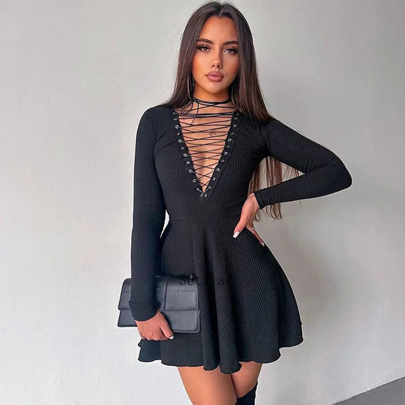 Bandage A-Line Lace Up Long Sleeve Mini Dress InsStreet