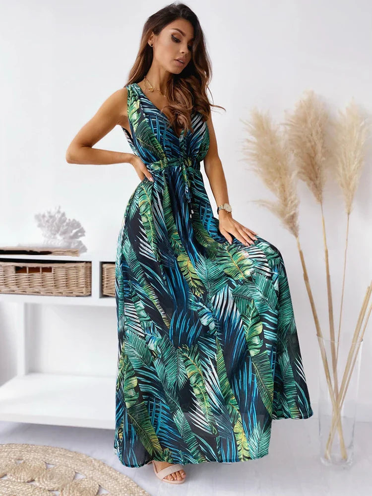 Deep V Neck Print Sleeveless Boho Dress InsStreet