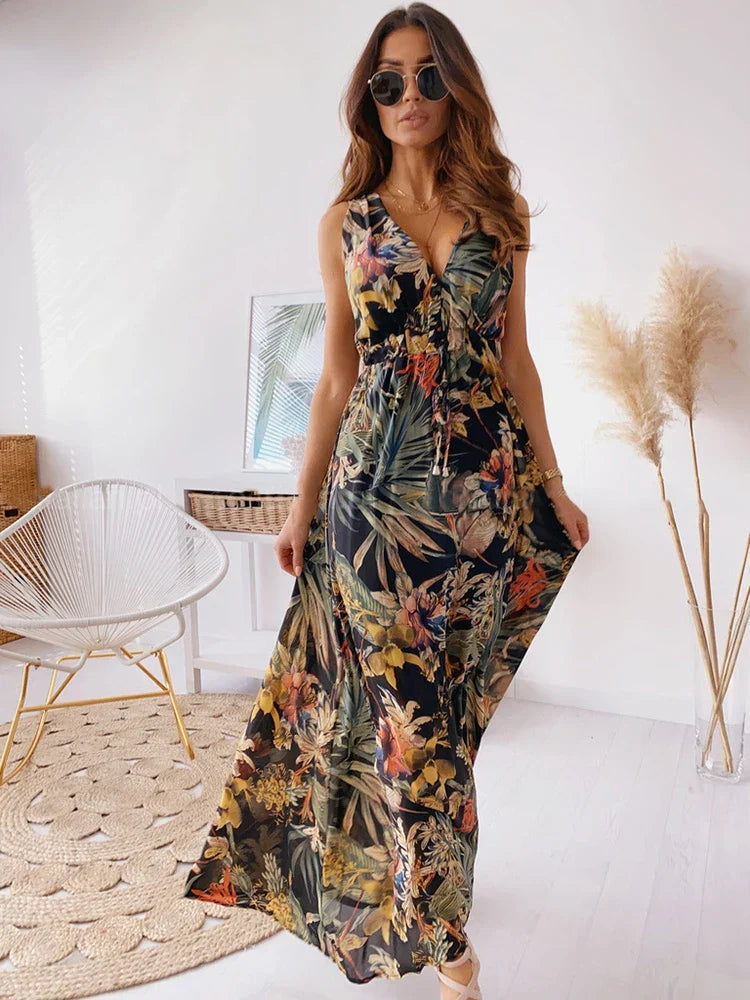 Deep V Neck Print Sleeveless Boho Dress InsStreet