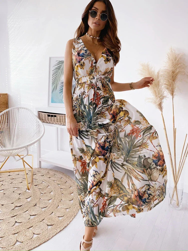 Deep V Neck Print Sleeveless Boho Dress InsStreet