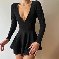 Low Cut Long Sleeve Backless A Line Mini Dress InsStreet