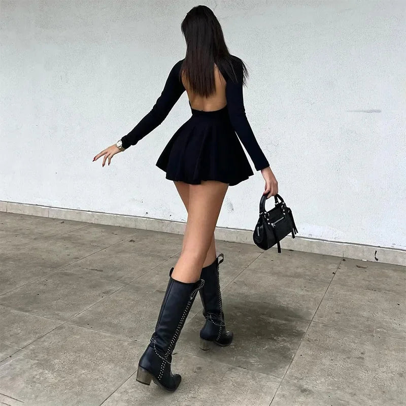 Low Cut Long Sleeve Backless A Line Mini Dress InsStreet