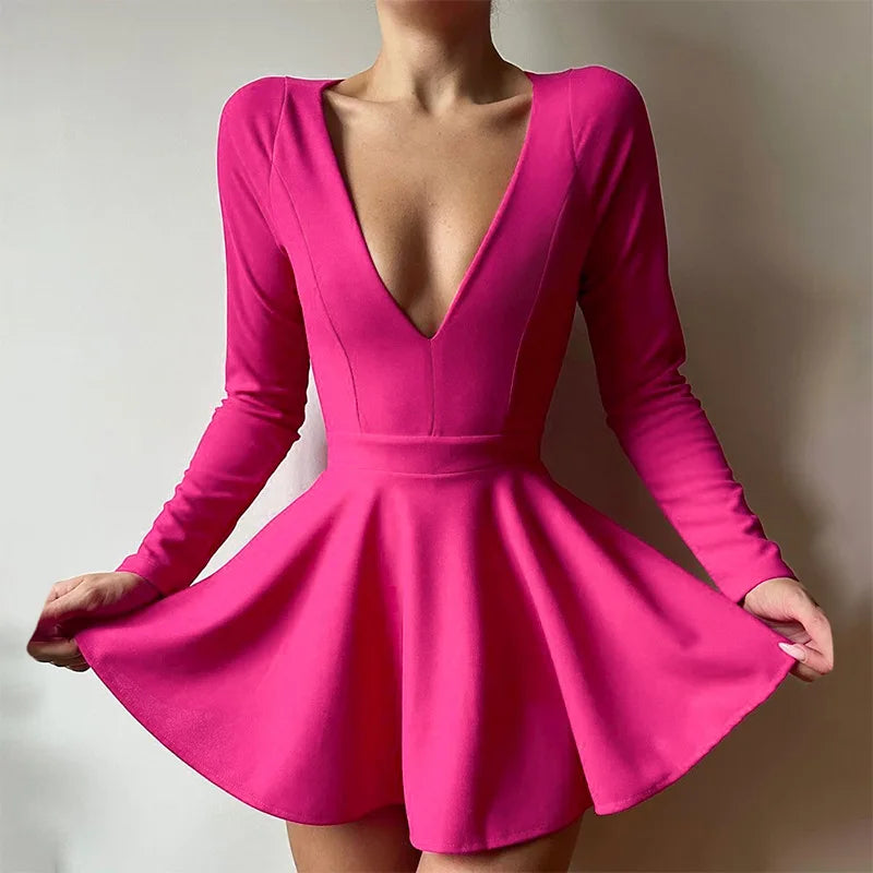 Low Cut Long Sleeve Backless A Line Mini Dress InsStreet