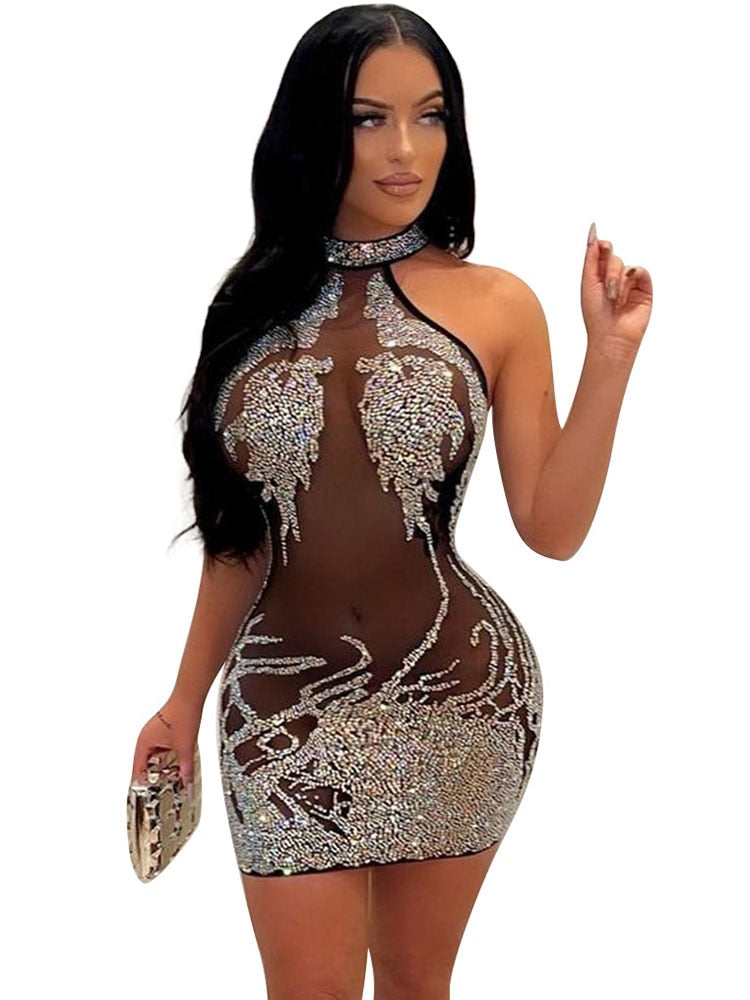 Sexy Mesh Rhinestone Short Prom Evening Mini Dress InsStreet