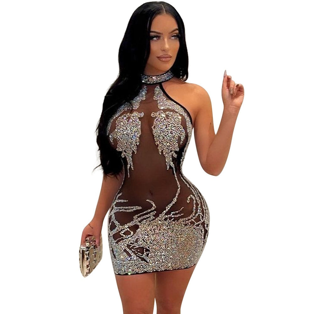 Sexy Mesh Rhinestone Short Prom Evening Mini Dress InsStreet