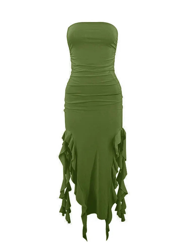 Off Shoulder Ruffles Women's Elegant Strapless Sleeveless Slim Midi Dress 2024 Summer Fashion Evening Party InsStreet