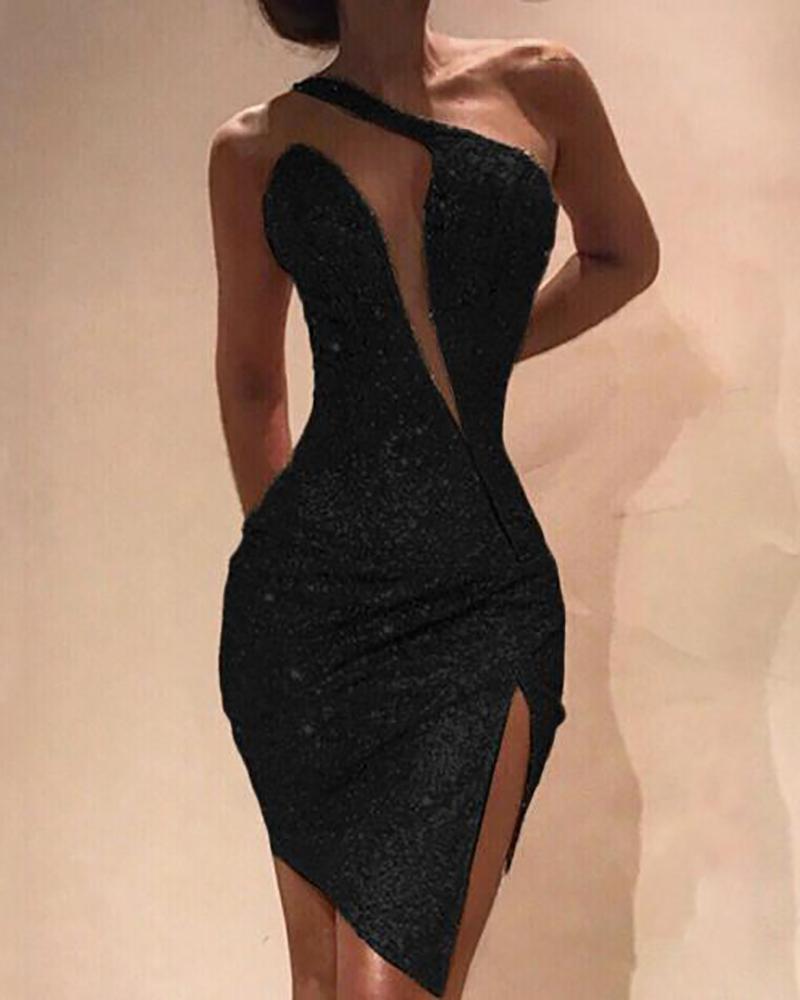 One Shoulder Cut Out Slit Bodycon Sequin Dress InsStreet