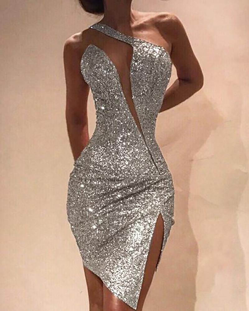 One Shoulder Cut Out Slit Bodycon Sequin Dress InsStreet