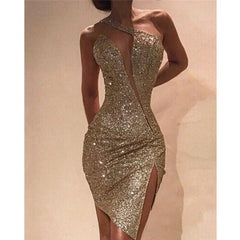 One Shoulder Cut Out Slit Bodycon Sequin Dress InsStreet