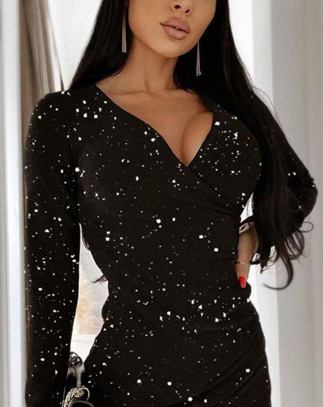 Plain V-Neck Glitter Long Sleeve Ruched Bodycon Evening Mini Dress InsStreet