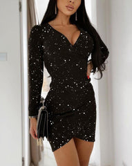 Plain V-Neck Glitter Long Sleeve Ruched Bodycon Evening Mini Dress InsStreet