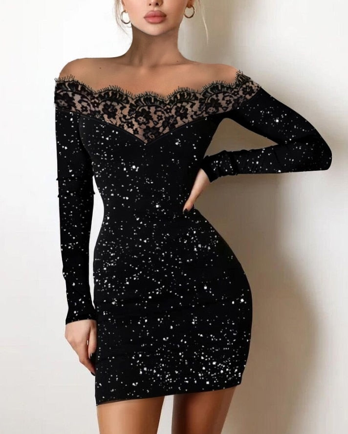 Off Shoulder Long Sleeve Contrast Lace Glitter Bodycon Mini Dress InsStreet