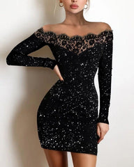 Off Shoulder Long Sleeve Contrast Lace Glitter Bodycon Mini Dress InsStreet