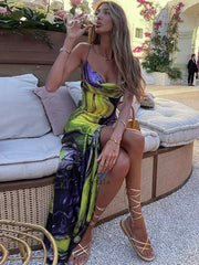 Tie Dye Print Backless Side Slit Maxi Dress InsStreet