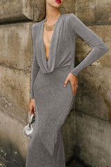 Shiny Silver Cowl Neck Silk Dress InsStreet