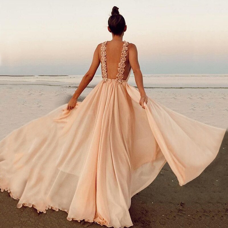 Sleeveless A Line Sexy Backless Elegant Long Vestidos Prom Dress InsStreet