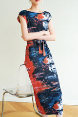 Printed Sleeveless Dress with Side Slit and Full Pleats InsStreet