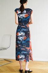 Printed Sleeveless Dress with Side Slit and Full Pleats InsStreet