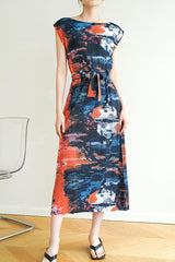 Printed Sleeveless Dress with Side Slit and Full Pleats InsStreet