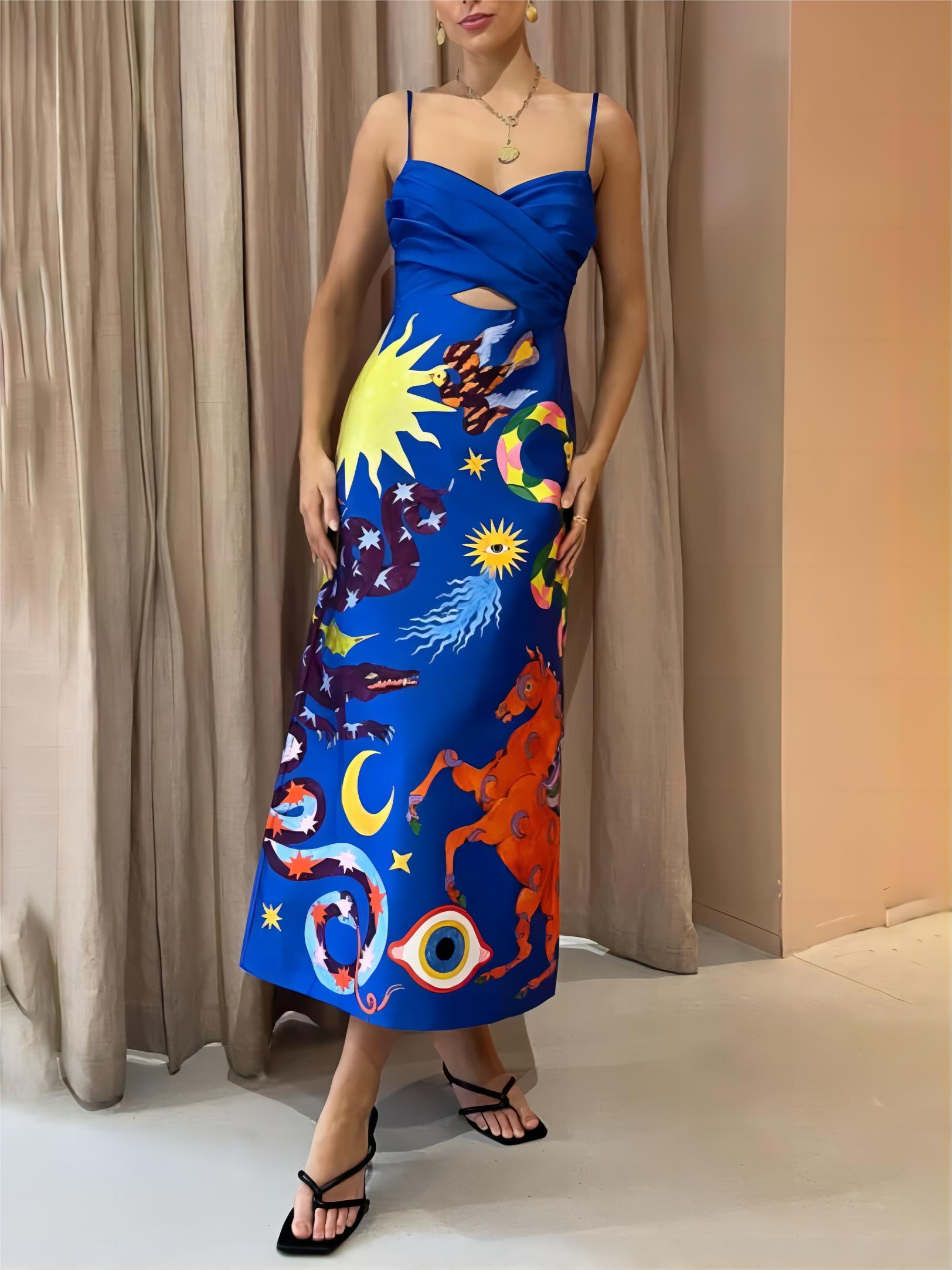 Summer Sexy Satin Backless Graceful Printed Sleeveless Midi Dress InsStreet