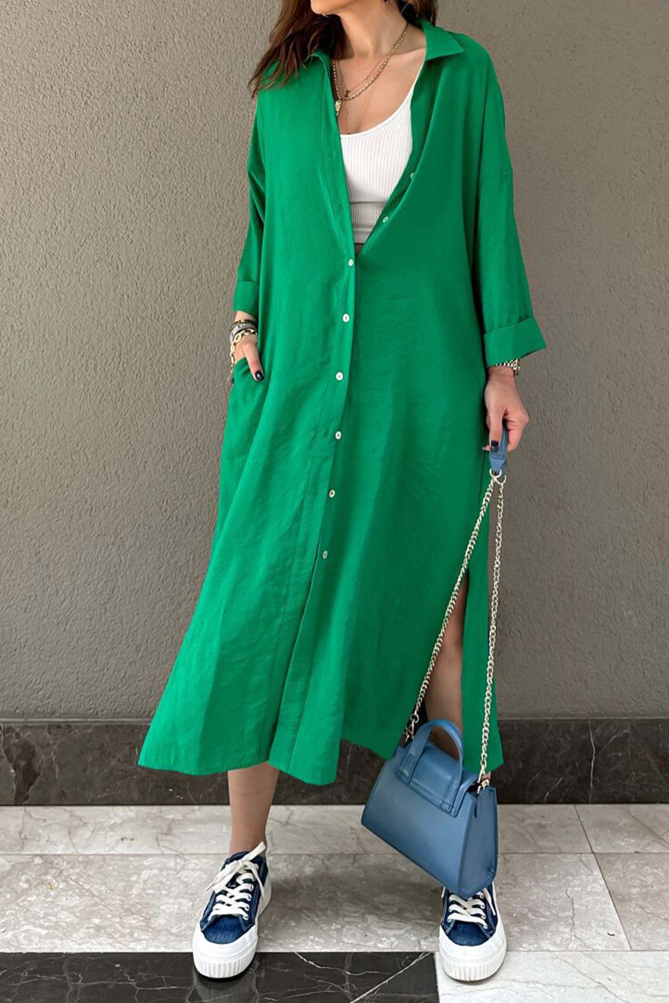 Single-breasted Slit Shirt Dress in Solid Color InsStreet