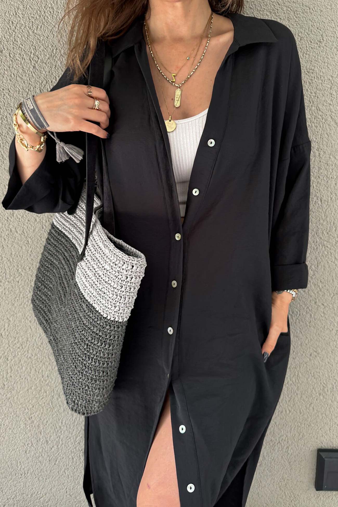 Single-breasted Slit Shirt Dress in Solid Color InsStreet