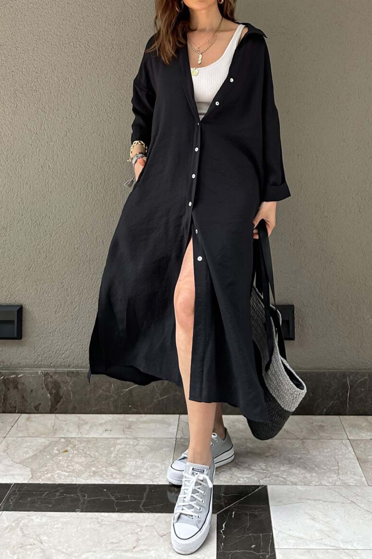 Single-breasted Slit Shirt Dress in Solid Color InsStreet