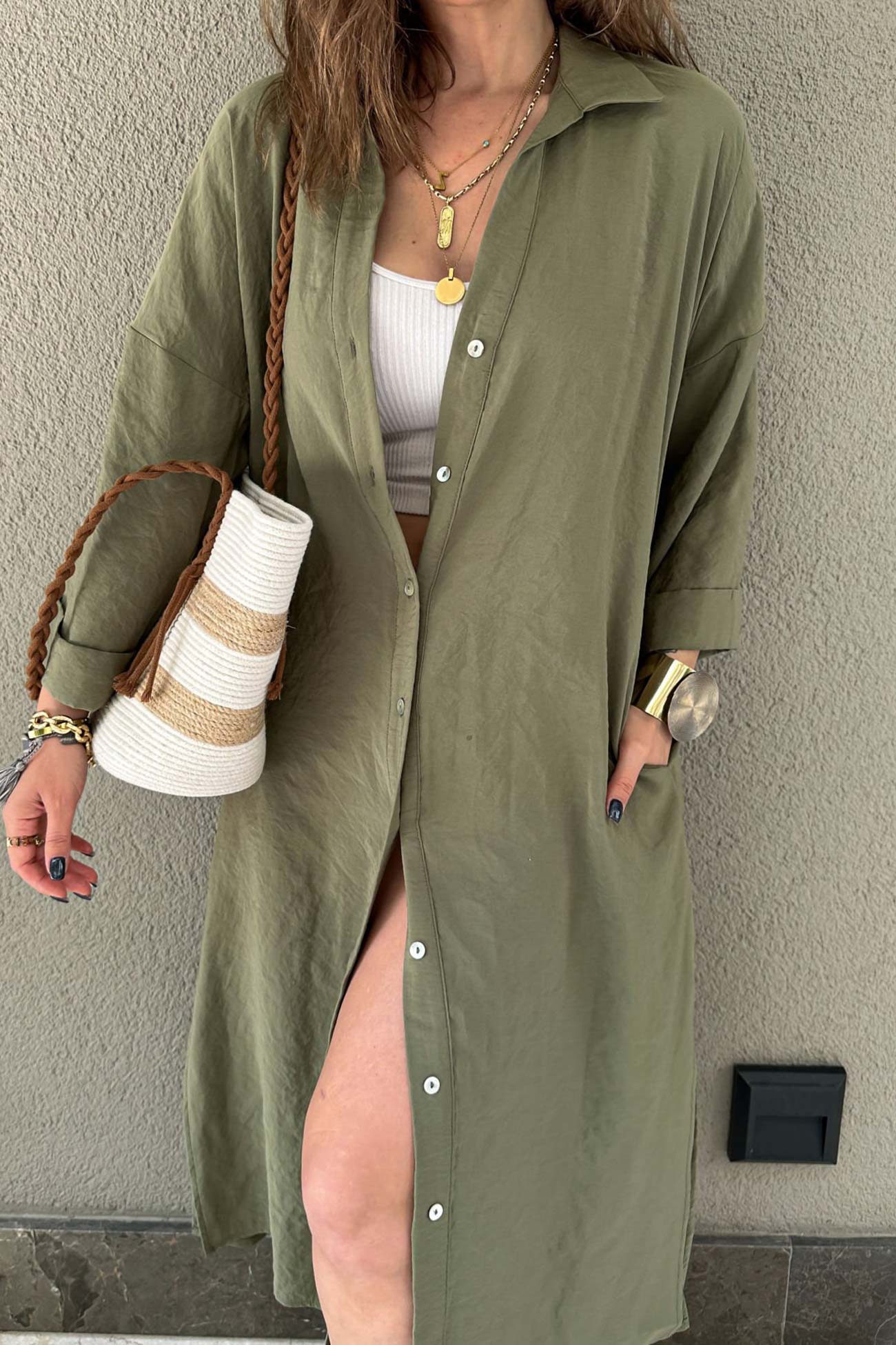 Single-breasted Slit Shirt Dress in Solid Color InsStreet
