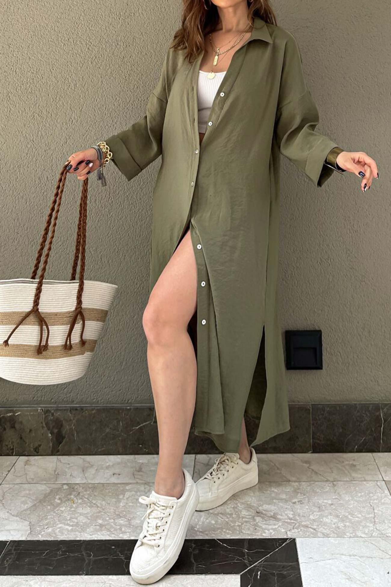 Single-breasted Slit Shirt Dress in Solid Color InsStreet