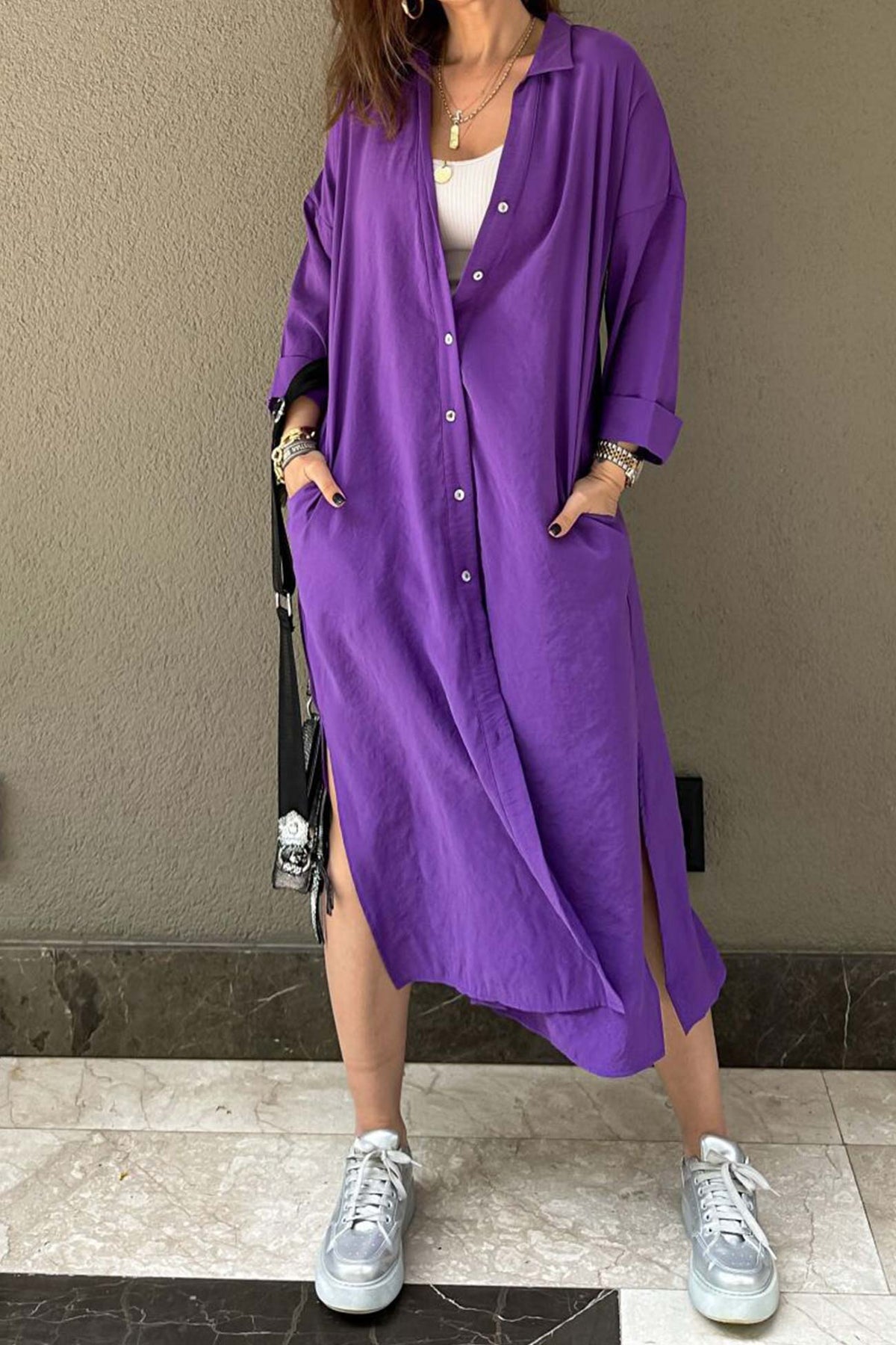 Single-breasted Slit Shirt Dress in Solid Color InsStreet