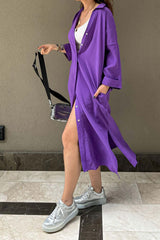 Single-breasted Slit Shirt Dress in Solid Color InsStreet