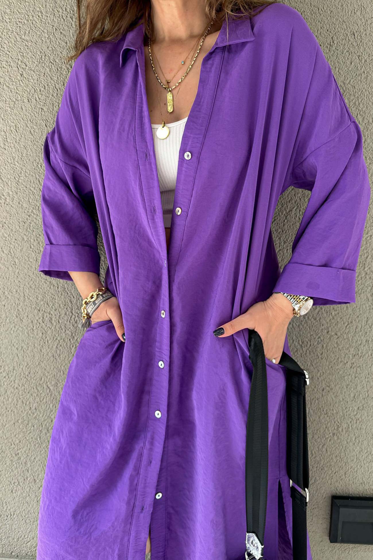 Single-breasted Slit Shirt Dress in Solid Color InsStreet