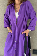 Single-breasted Slit Shirt Dress in Solid Color InsStreet