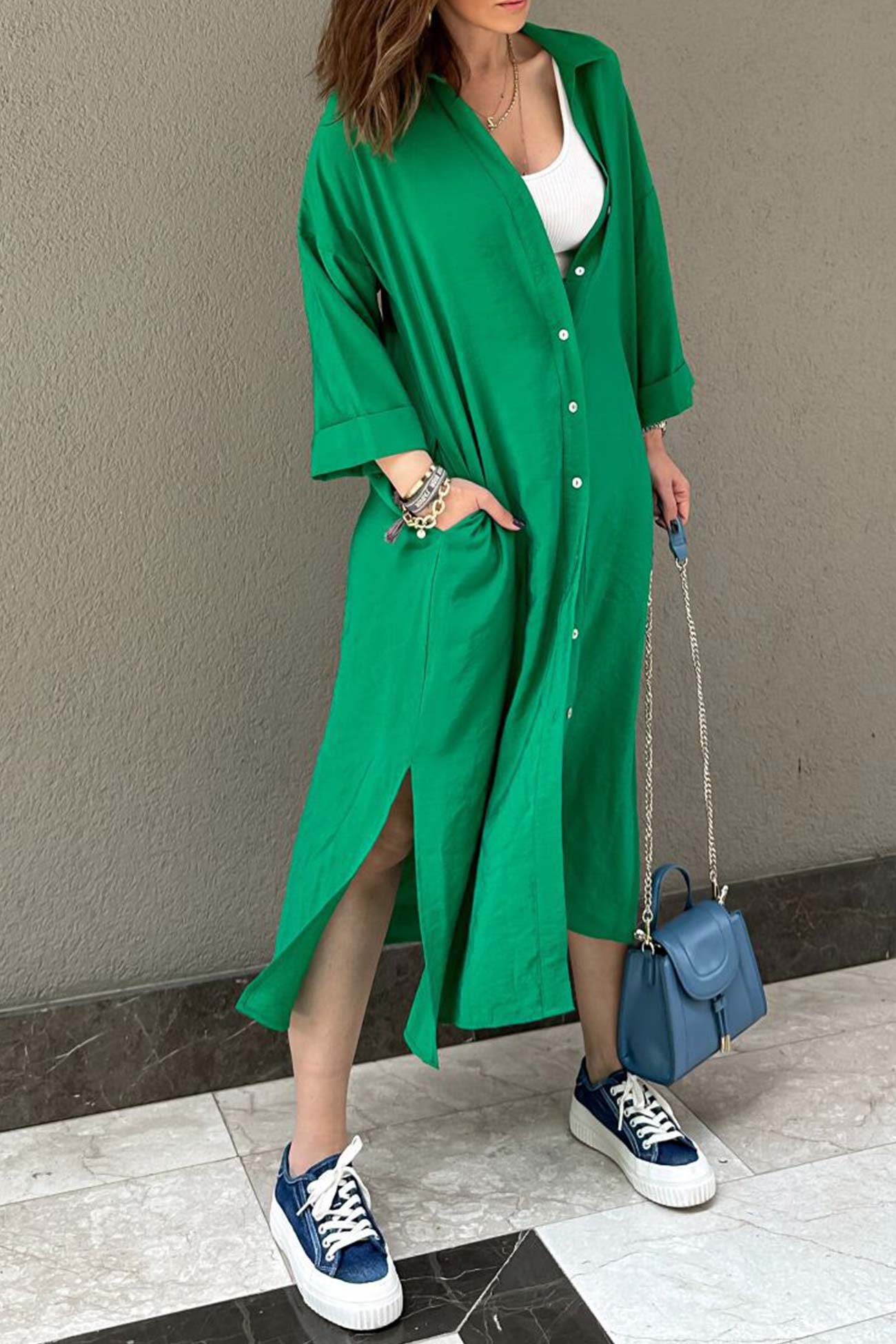 Single-breasted Slit Shirt Dress in Solid Color InsStreet