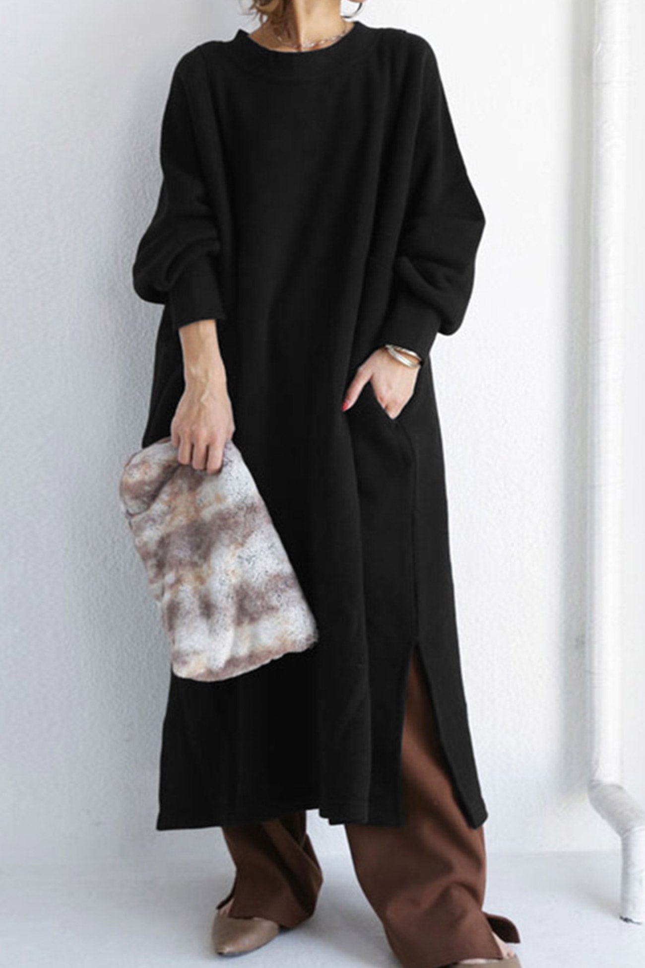 Slit Sweatshirt Dress with Crew Neck InsStreet