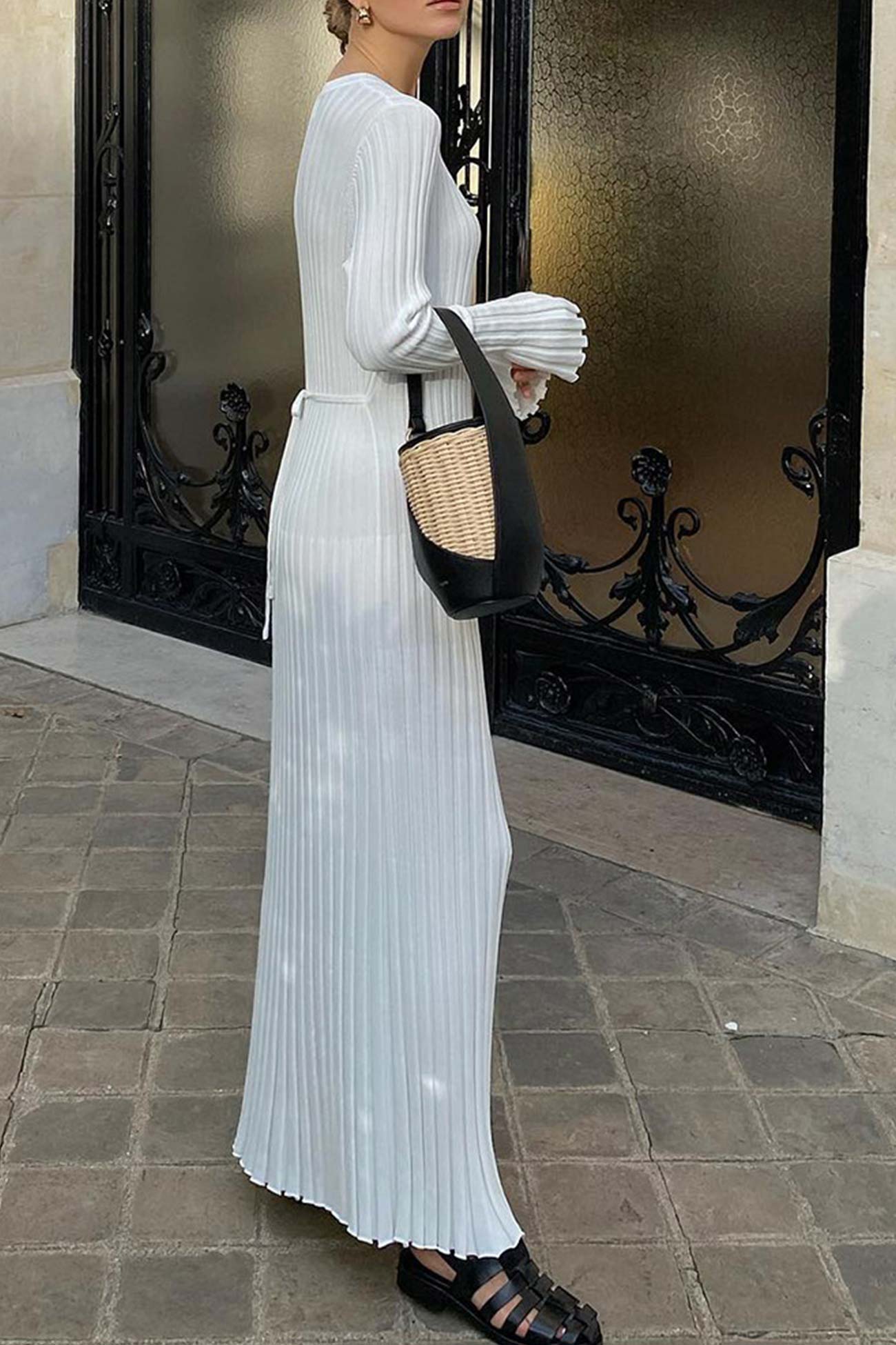 Ribbed Knit Tie-waist Dress InsStreet