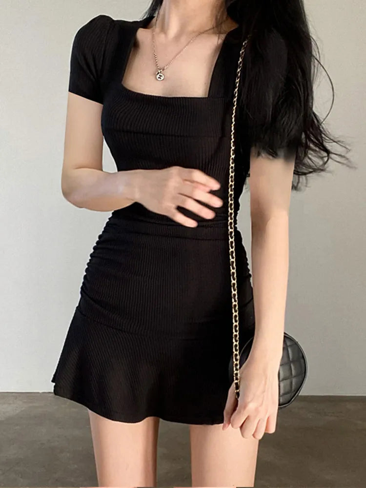 Ribbed Square Collar Casual Ruffles Patchwork Mini Dress InsStreet