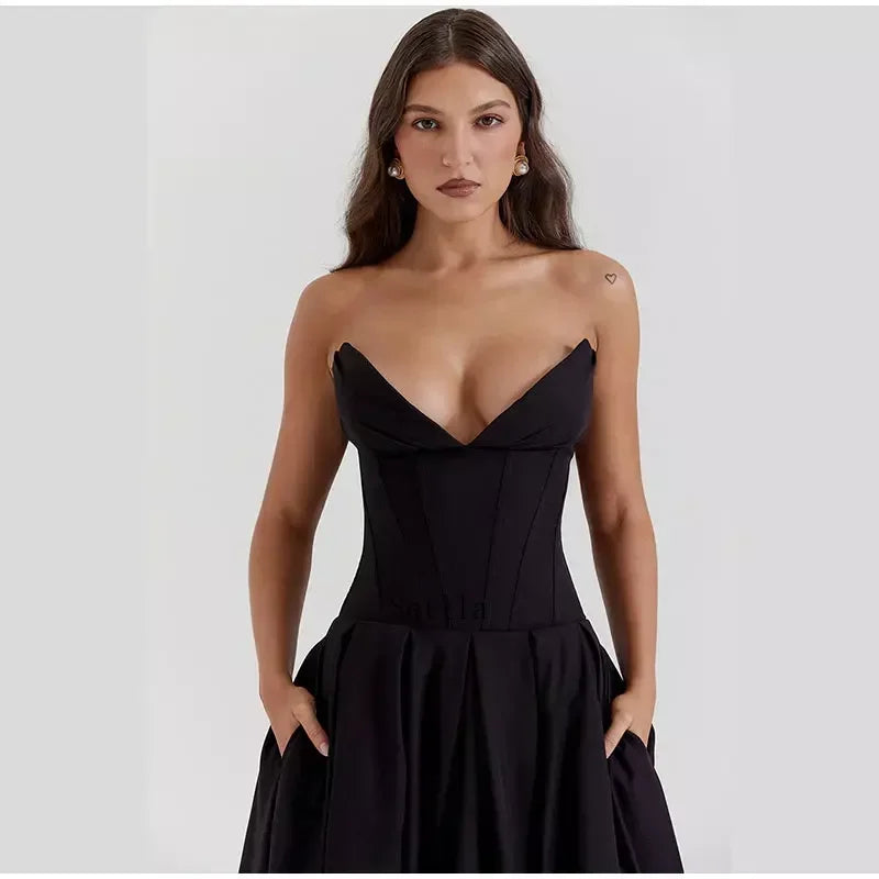 Solid Off-shoulder Chic Backless Strapless High-waisted Elegant Maxi Dress InsStreet