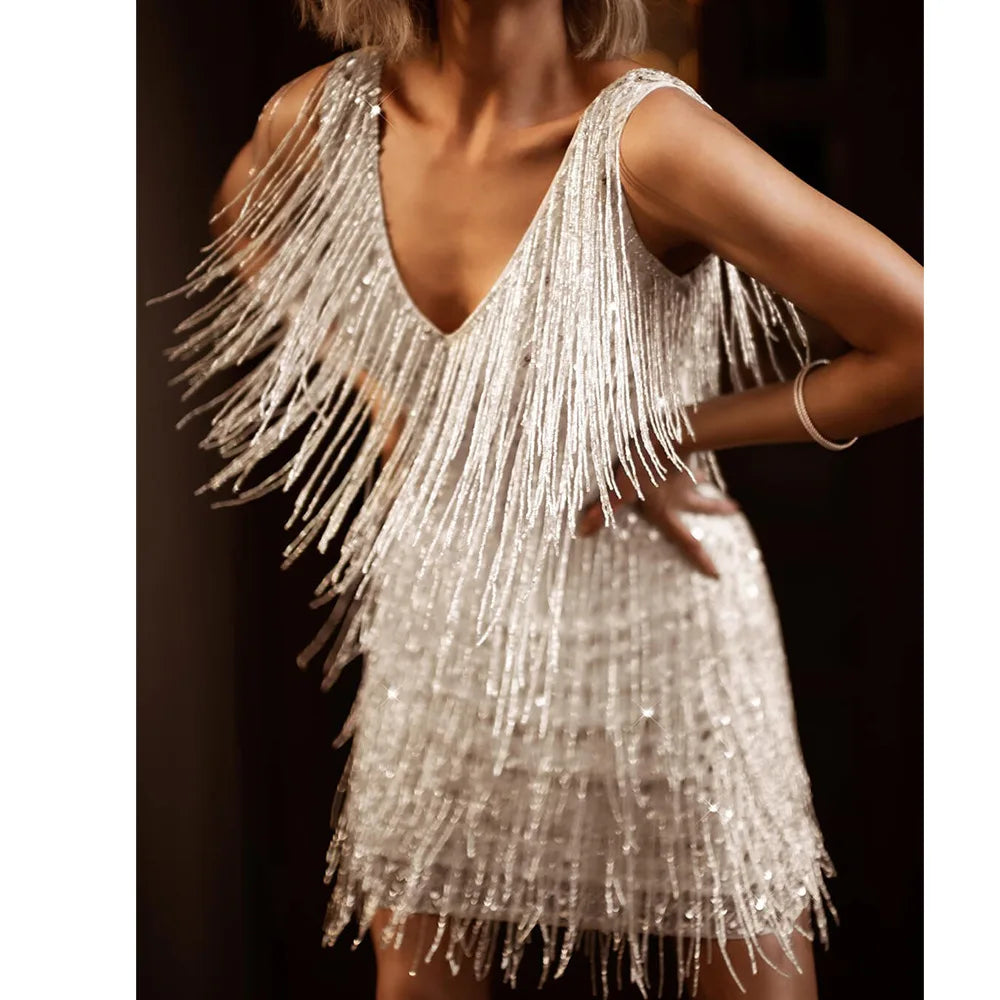 Tassel Sequins White Mini Dress InsStreet