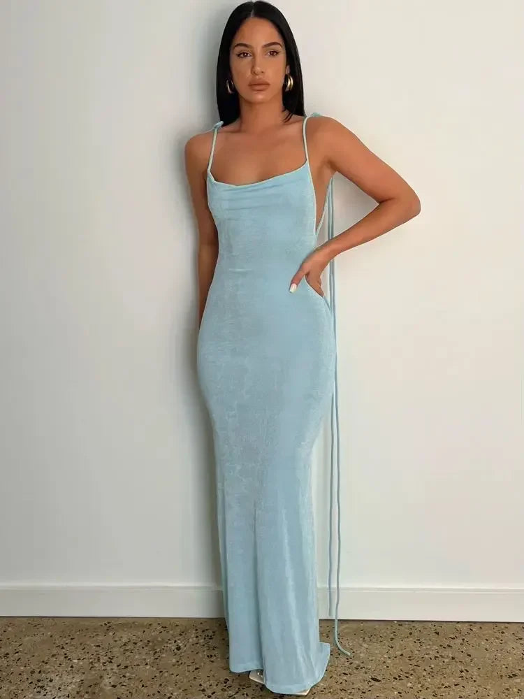 Spaghetti Strap Backless Bandage Maxi Dress InsStreet