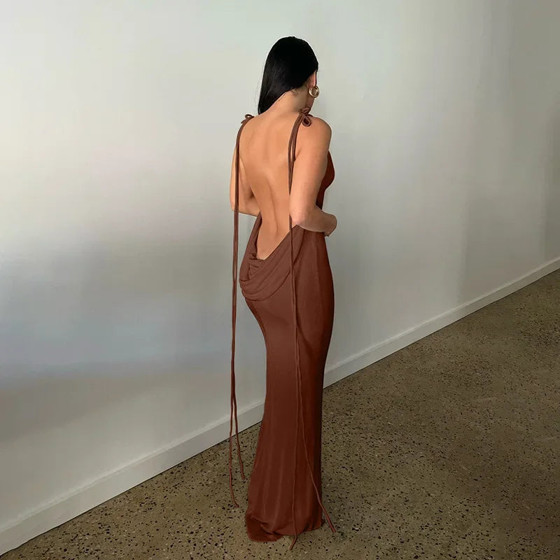 Spaghetti Strap Backless Bandage Maxi Dress InsStreet