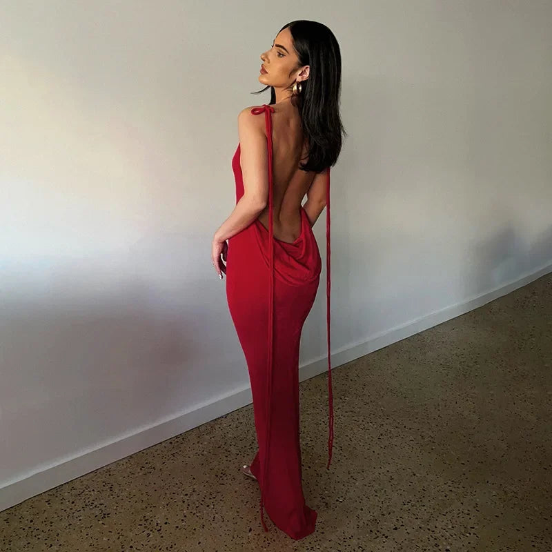 Spaghetti Strap Backless Bandage Maxi Dress InsStreet