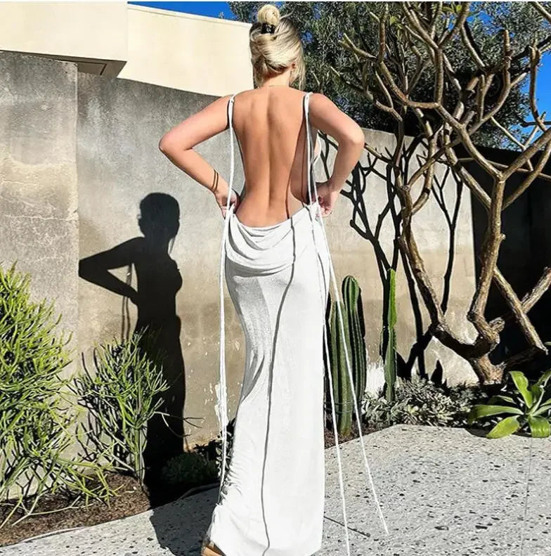 Spaghetti Strap Backless Bandage Maxi Dress InsStreet