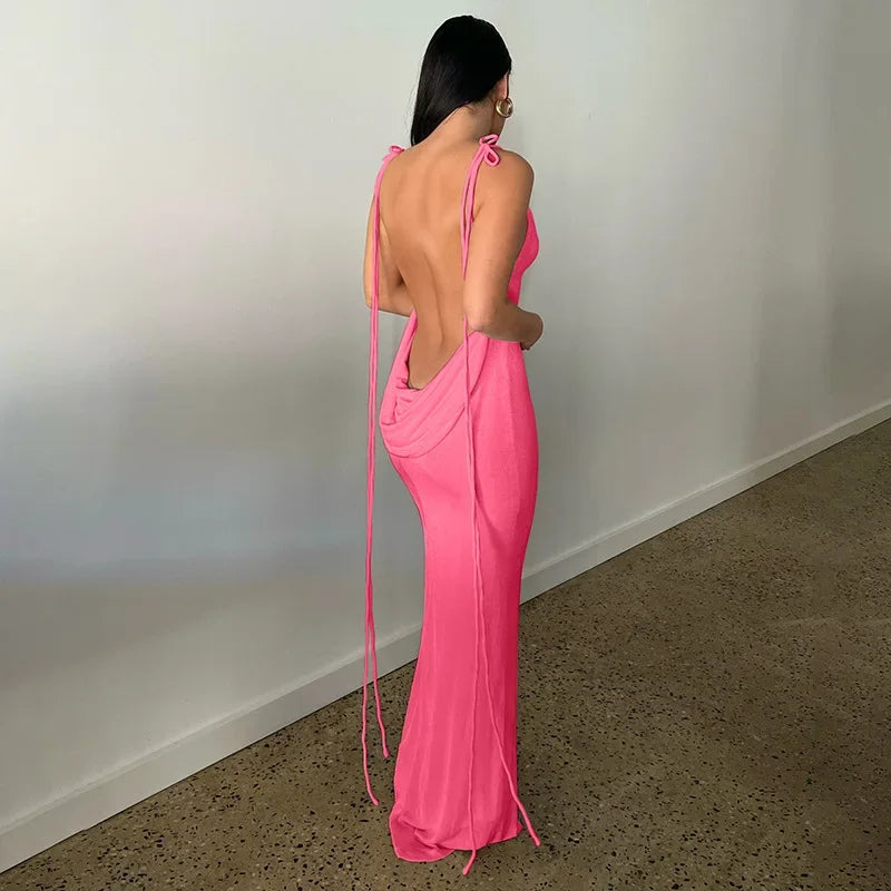 Spaghetti Strap Backless Bandage Maxi Dress InsStreet