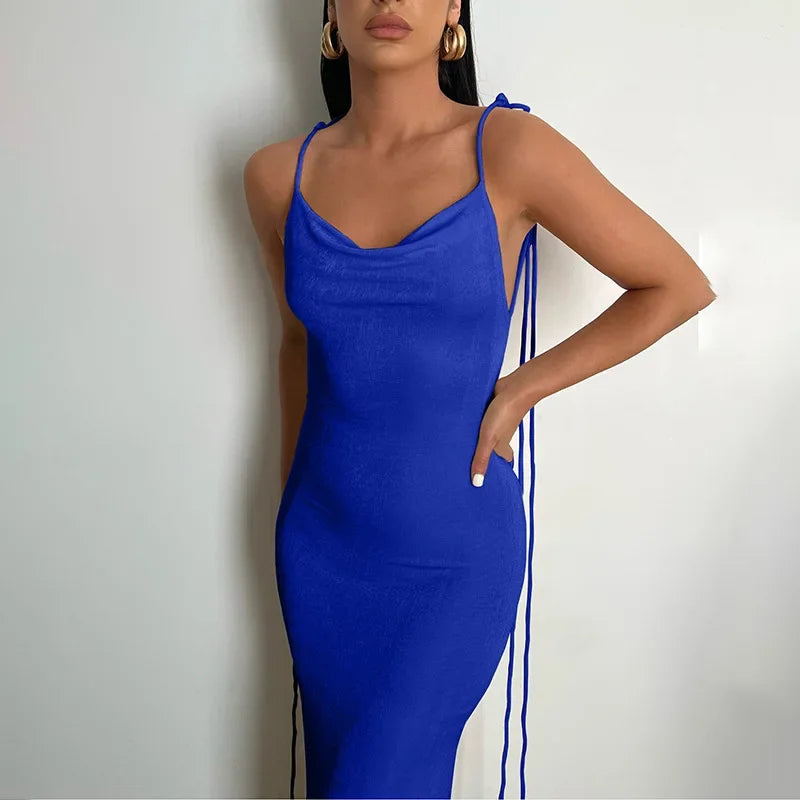 Spaghetti Strap Backless Bandage Maxi Dress InsStreet