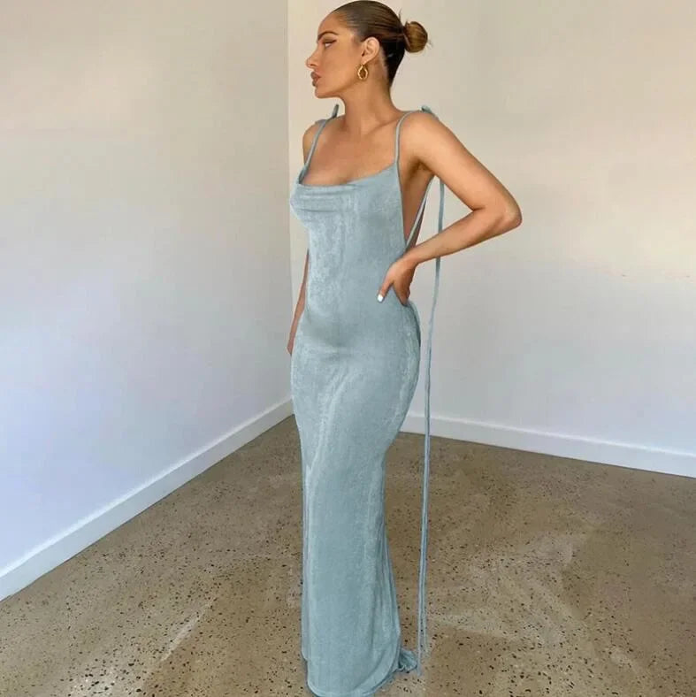 Spaghetti Strap Backless Bandage Maxi Dress InsStreet