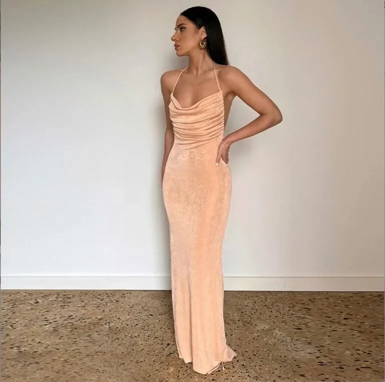 Spaghetti Strap Backless Bandage Maxi Dress InsStreet