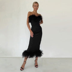 Strapless Feather Evening Sexy Corset Bodycon Midi Dress InsStreet