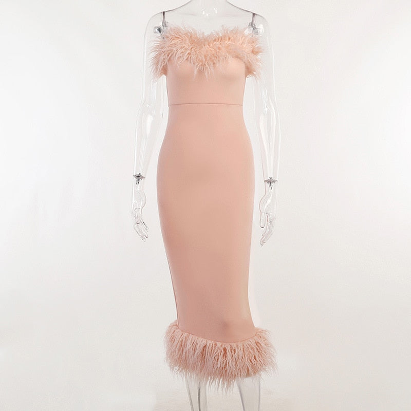 Strapless Feather Evening Sexy Corset Bodycon Midi Dress InsStreet